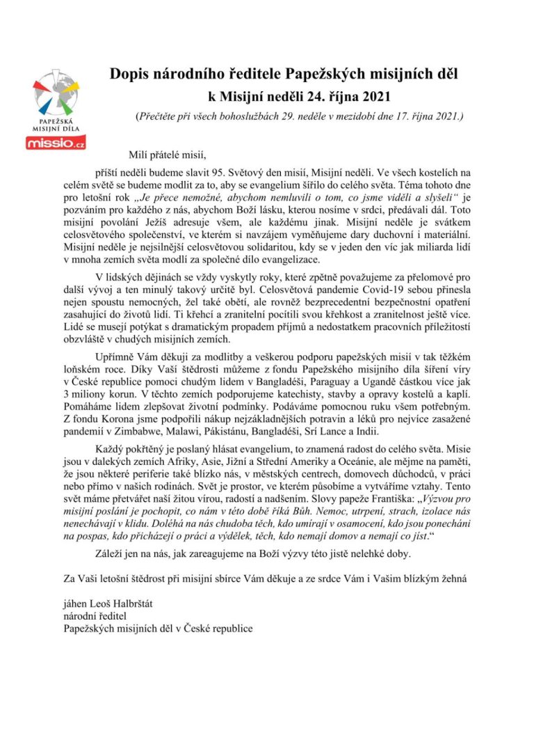 Dopis národního ředitele Papežských misijních děl k Misijní neděli 2021